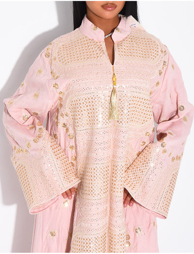 Abaya en cotton à broderies dorées et pompons