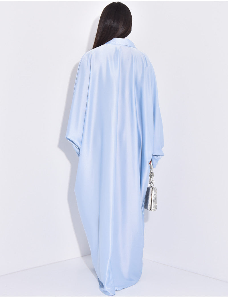 Abaya premium en satin col chemise à cristaux cousus à la main