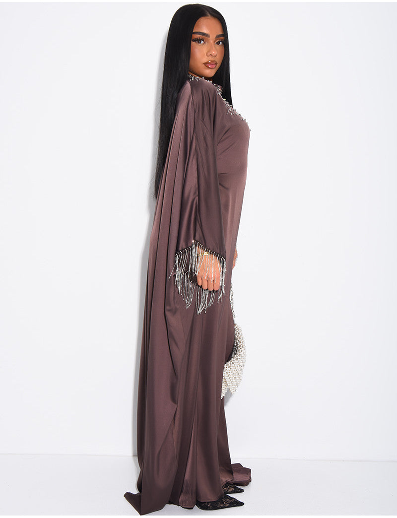 Abaya premium en satin ornée de strass & franges