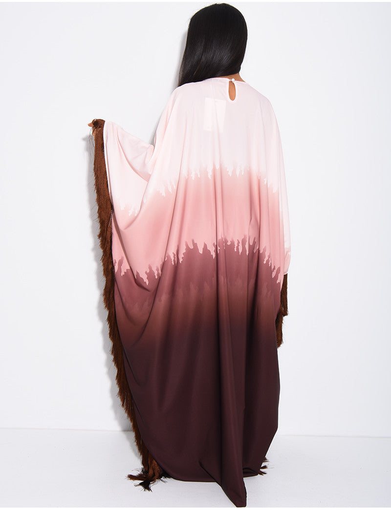 Abaya en satin dégradé à franges sur les bordures