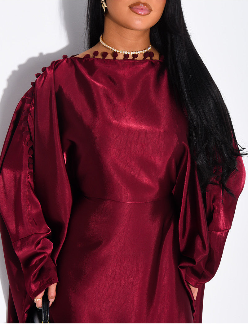 Abaya papillon en satin & pompons au col