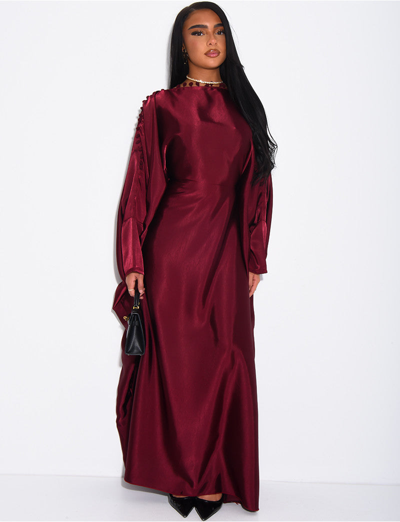 Abaya papillon en satin & pompons au col