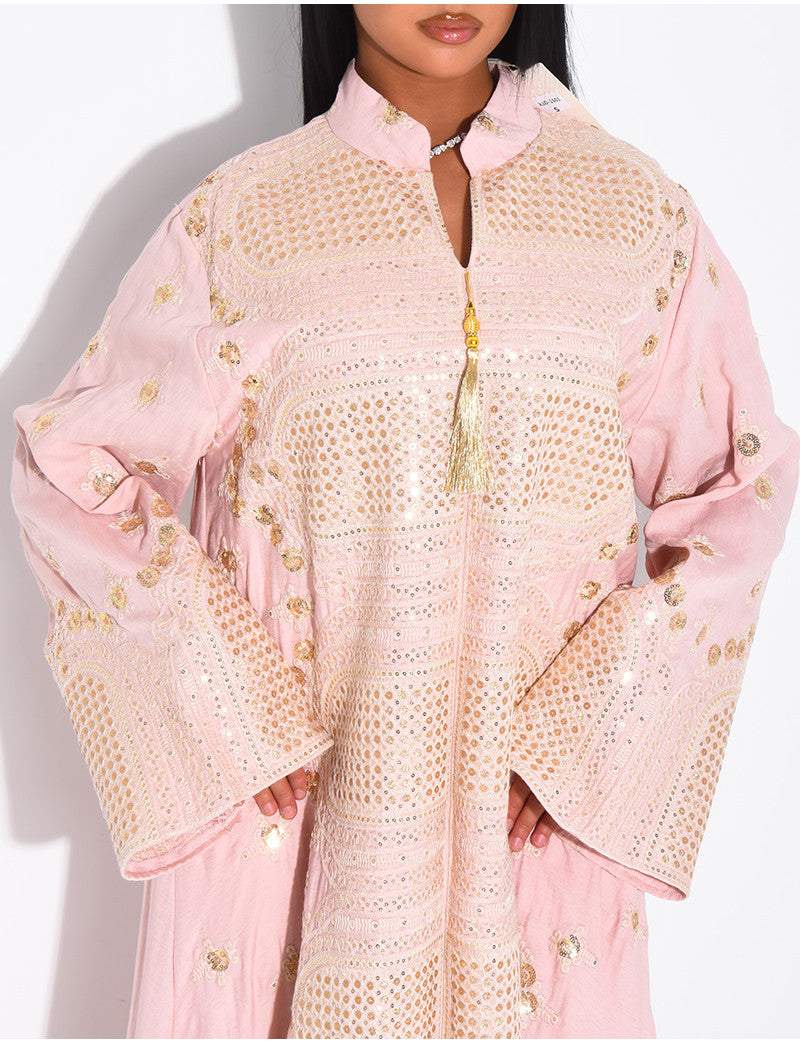 Abaya en cotton à broderies dorées et pompons