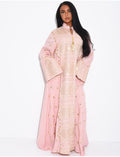 Abaya en cotton à broderies dorées et pompons