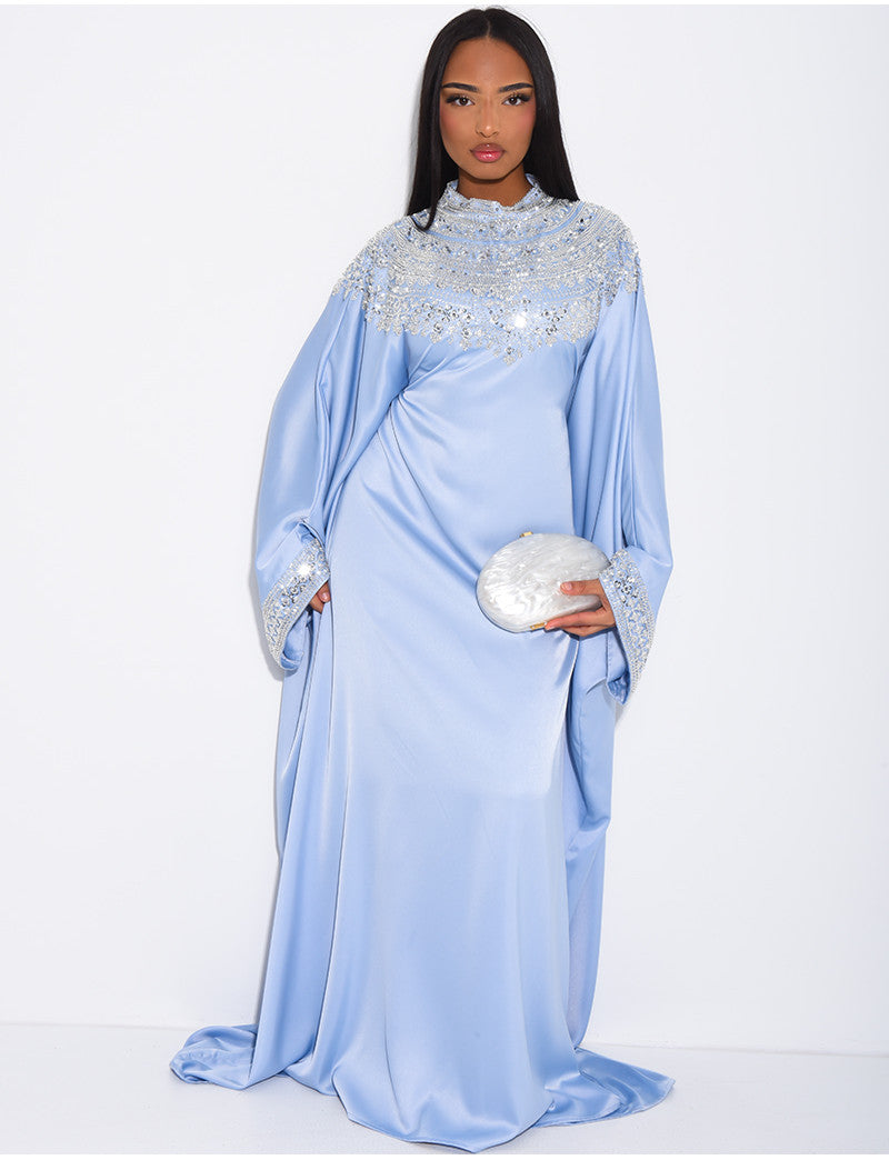 Abaya papillon en satin premium et sequins argentés