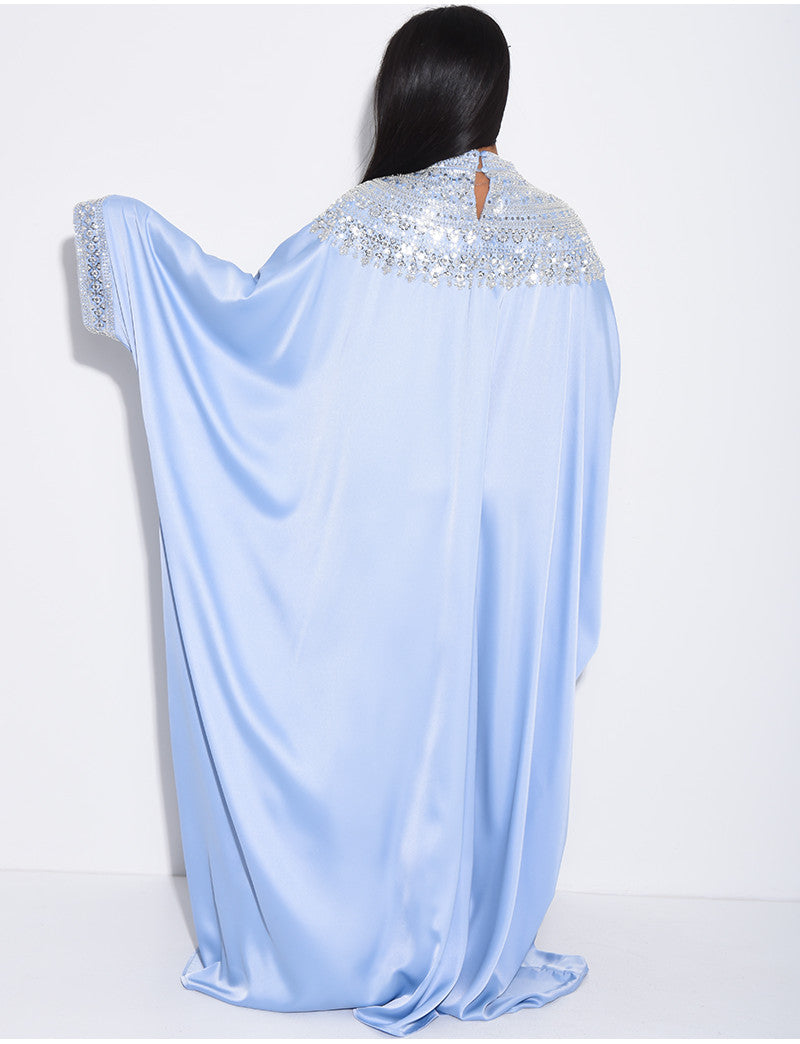 Abaya papillon en satin premium et sequins argentés