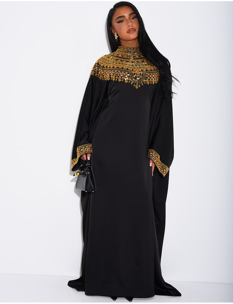 Abaya papillon en satin premium et sequins doré