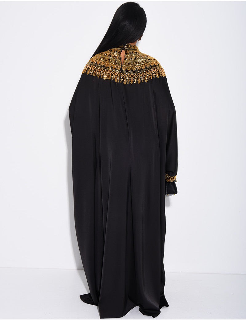 Abaya papillon en satin premium et sequins doré