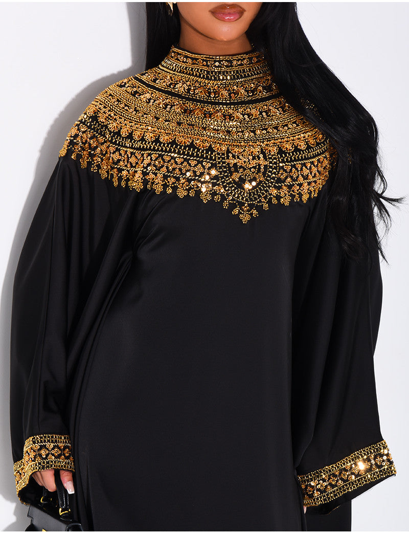 Abaya papillon en satin premium et sequins doré