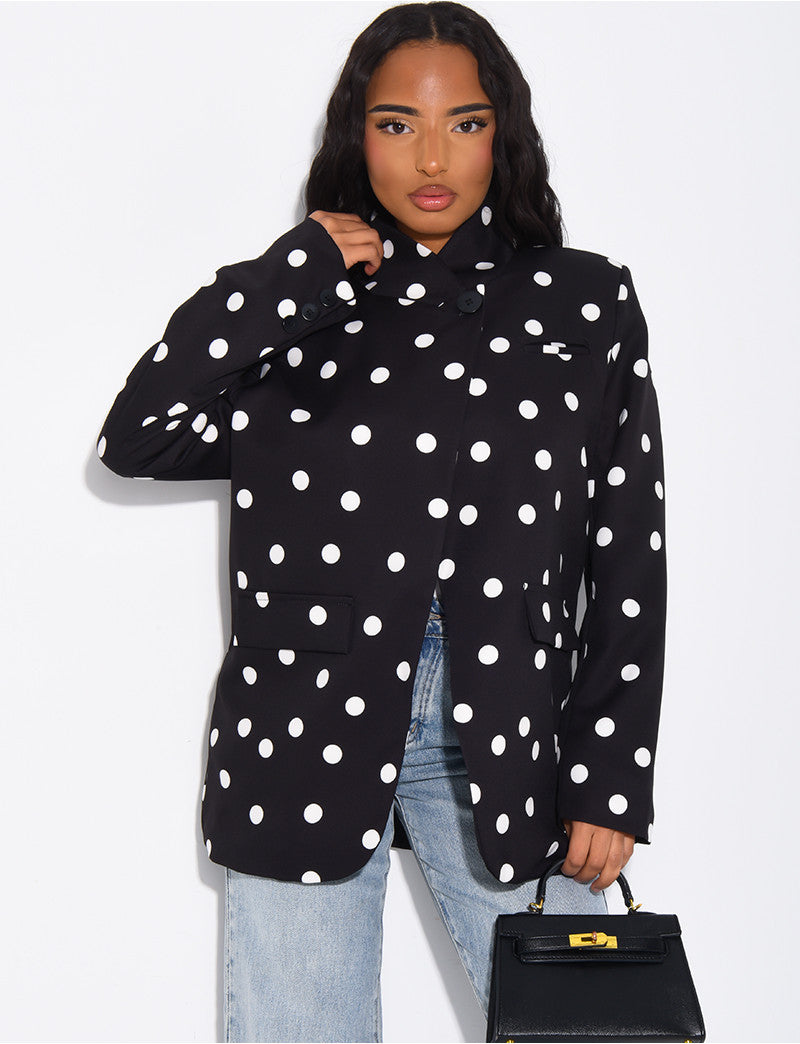 Veste de blazer col montant fendue sur l'avant à pois