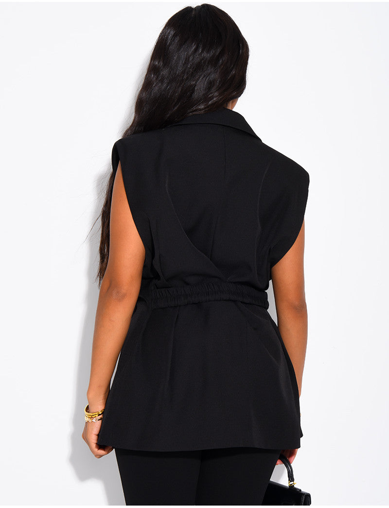 Blazer sans manche à ceinture boutonnée à la taille