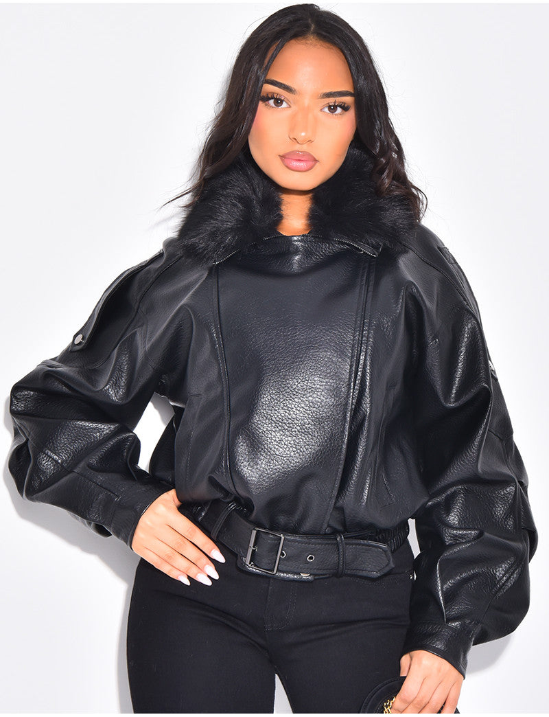 Blouson aviateur en similicuir à col fourrure amovible