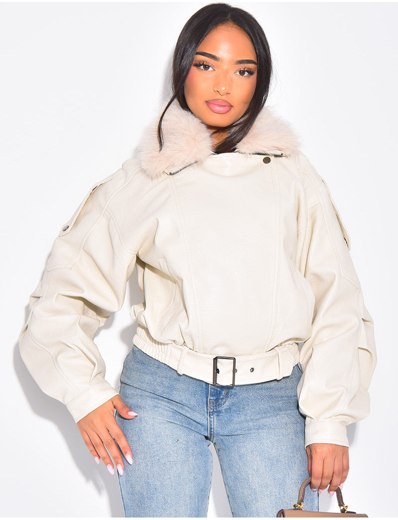 Blouson aviateur en similicuir à col fourrure amovible