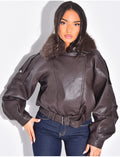 Blouson aviateur en similicuir à col fourrure amovible