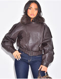 Blouson aviateur en similicuir à col fourrure amovible