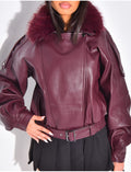 Blouson aviateur en similicuir à col fourrure amovible