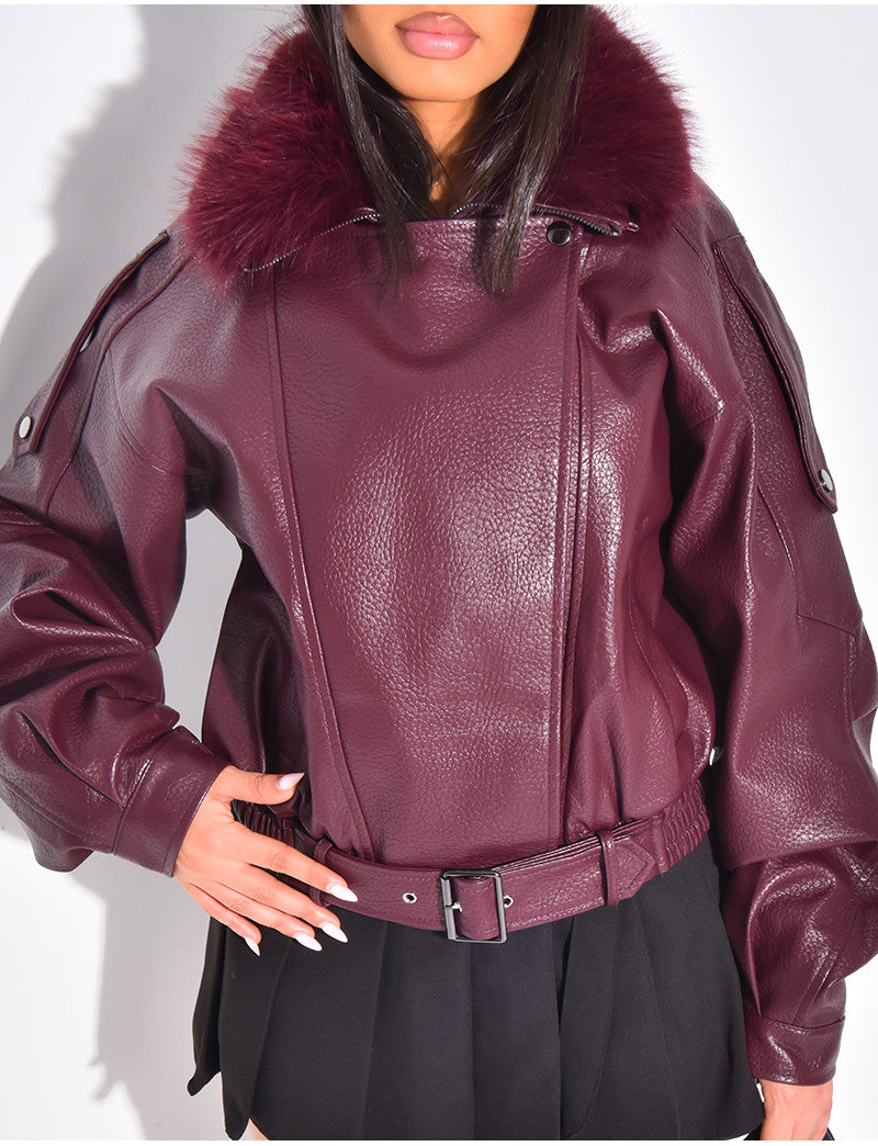 Blouson aviateur en similicuir à col fourrure amovible