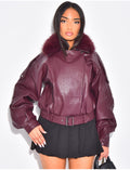 Blouson aviateur en similicuir à col fourrure amovible