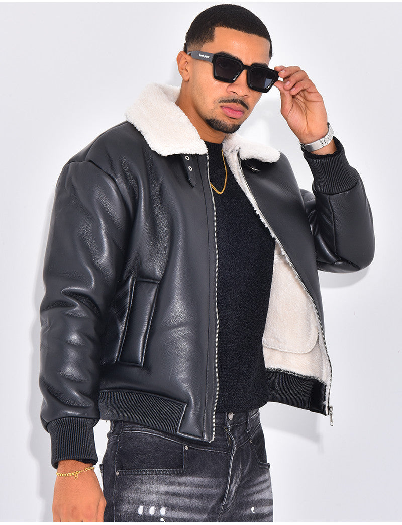 Bombers en similicuir avec fourrure au col