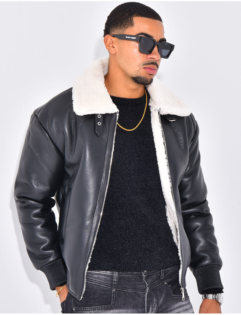 Bombers en similicuir avec fourrure au col