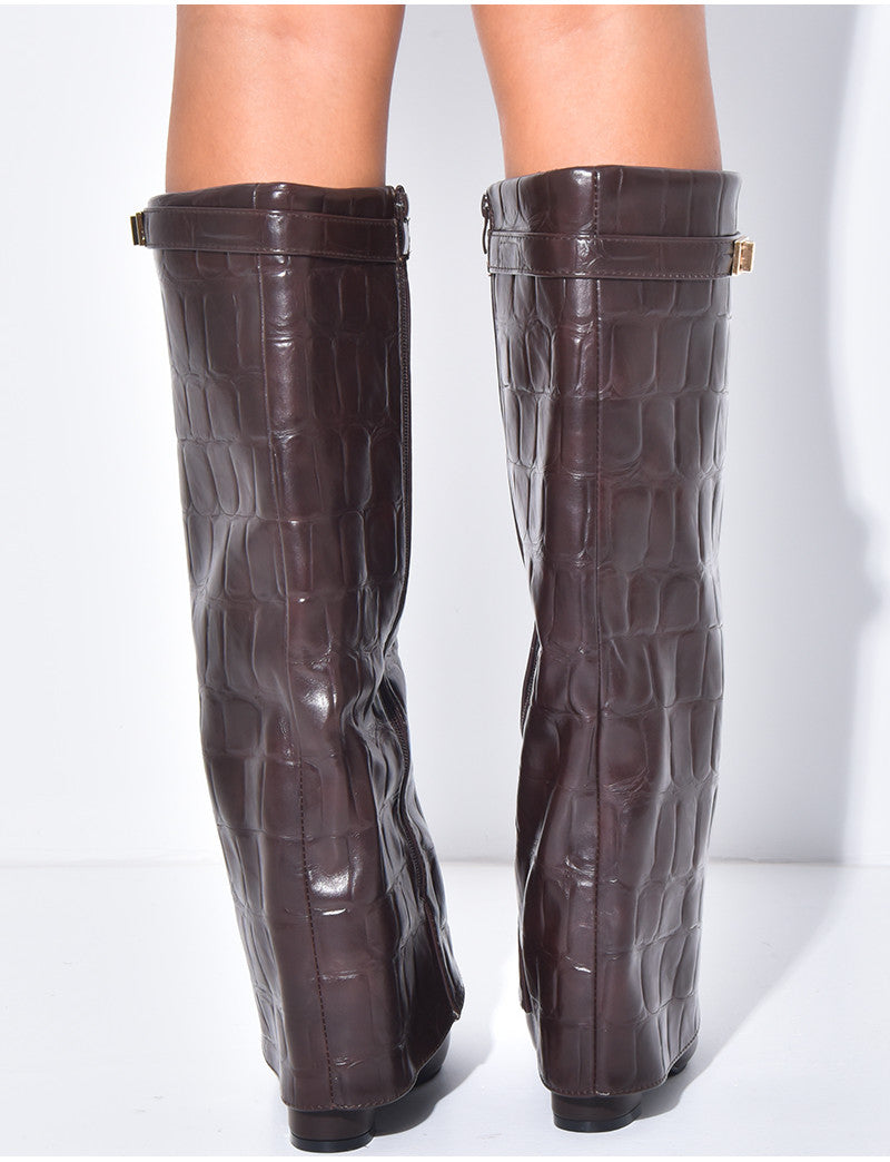 Bottes en similicuir à talons carré et rabat effet croco