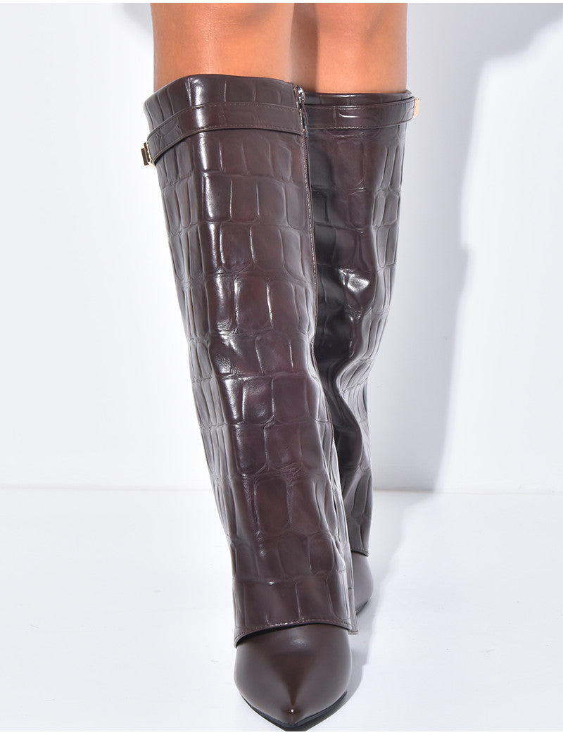 Bottes en similicuir à talons carré et rabat effet croco