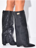 Bottes en similicuir à talons carré et rabat effet croco
