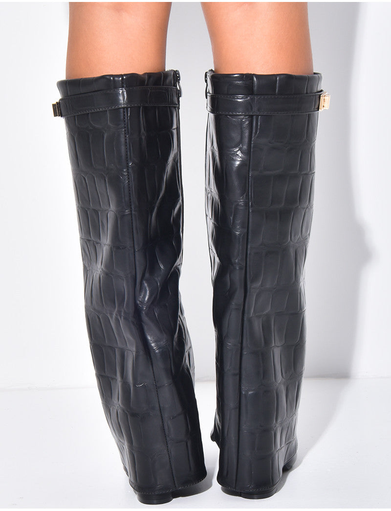 Bottes en similicuir à talons carré et rabat effet croco
