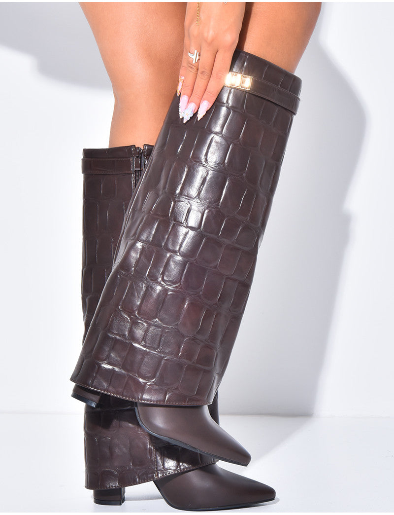 Bottes en similicuir à talons carré et rabat effet croco
