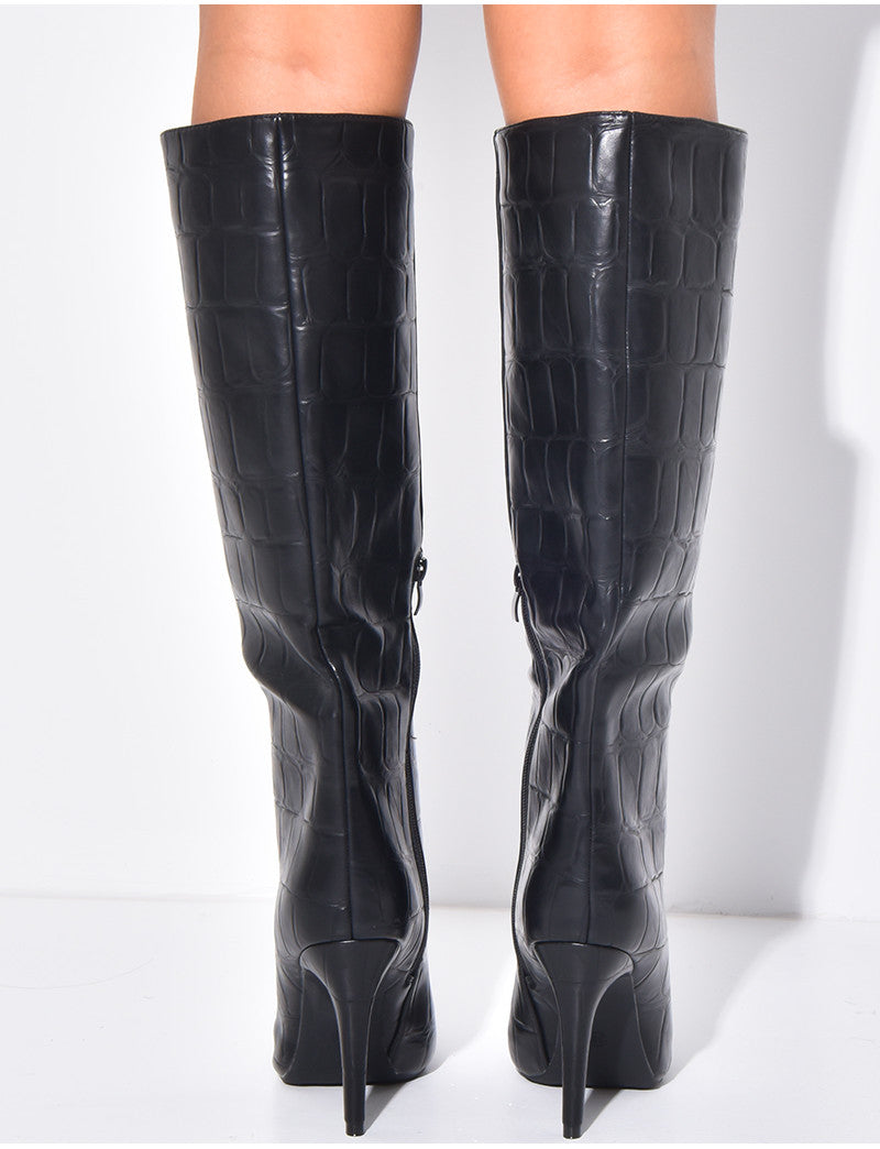 Bottes hautes bouts pointus effet croco en similicuir