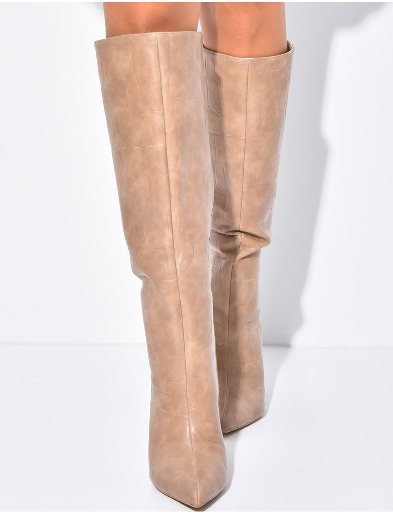 Bottes hautes bouts pointus effet croco en similicuir