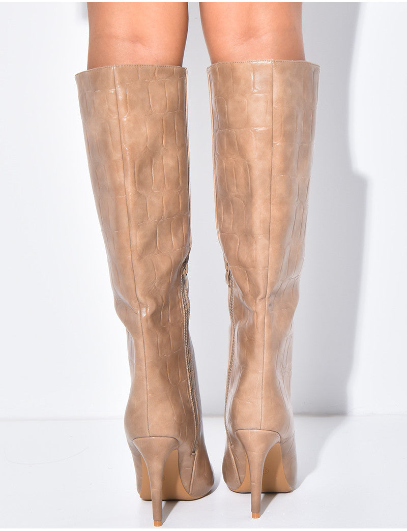 Bottes hautes bouts pointus effet croco en similicuir