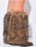 Bottes en suédine style santiag à talons carré et rabat en fausse fourrure