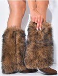 Bottes en suédine style santiag à talons carré et rabat en fausse fourrure