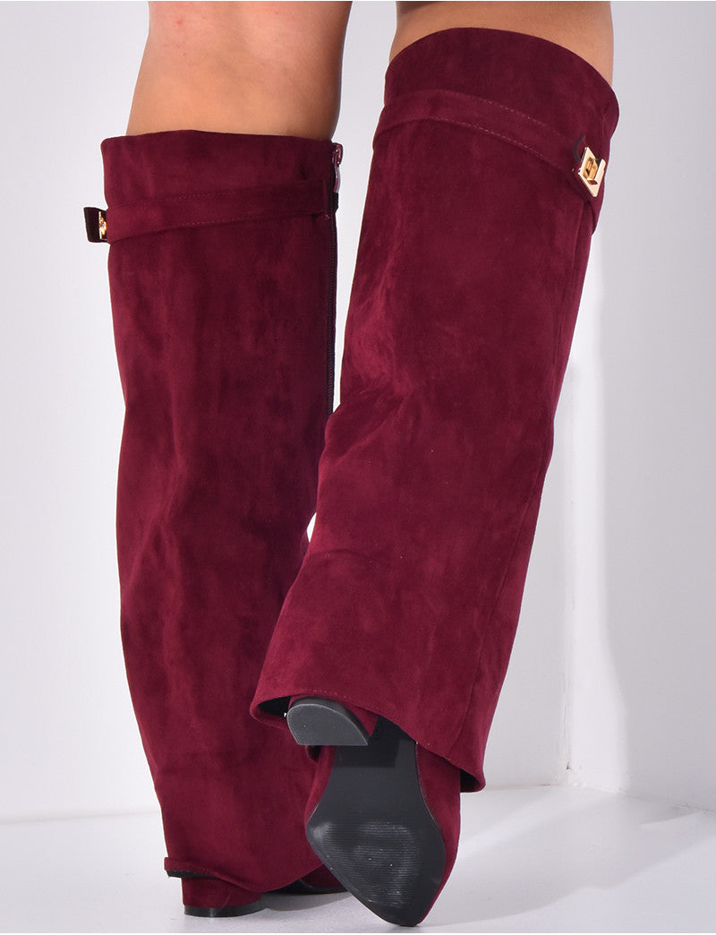 Bottes en suédine à talons carré et rabat