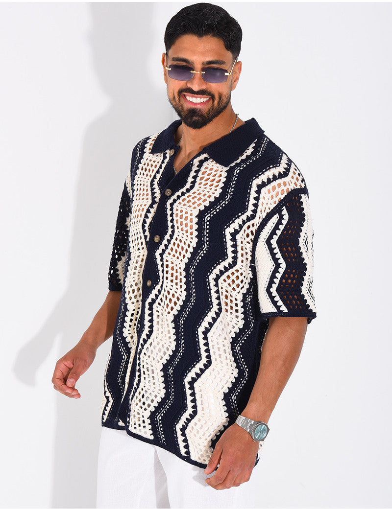 Chemise ajourée manches courtes à motifs