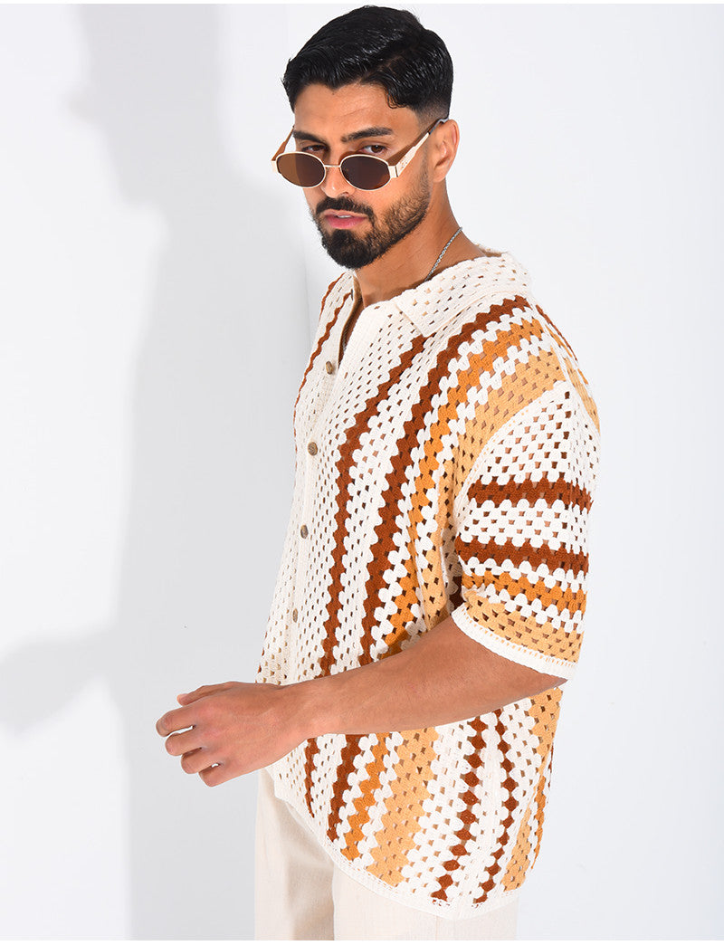 Chemise ajourée manches courtes à motifs