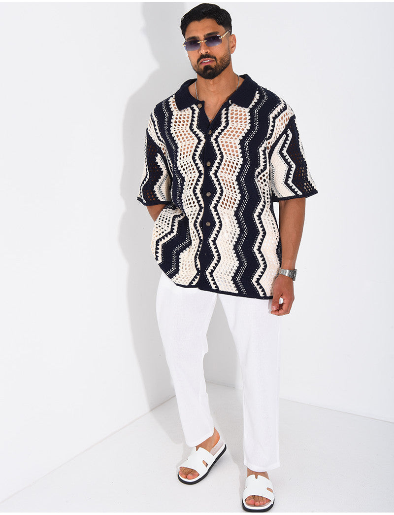 Chemise ajourée manches courtes à motifs