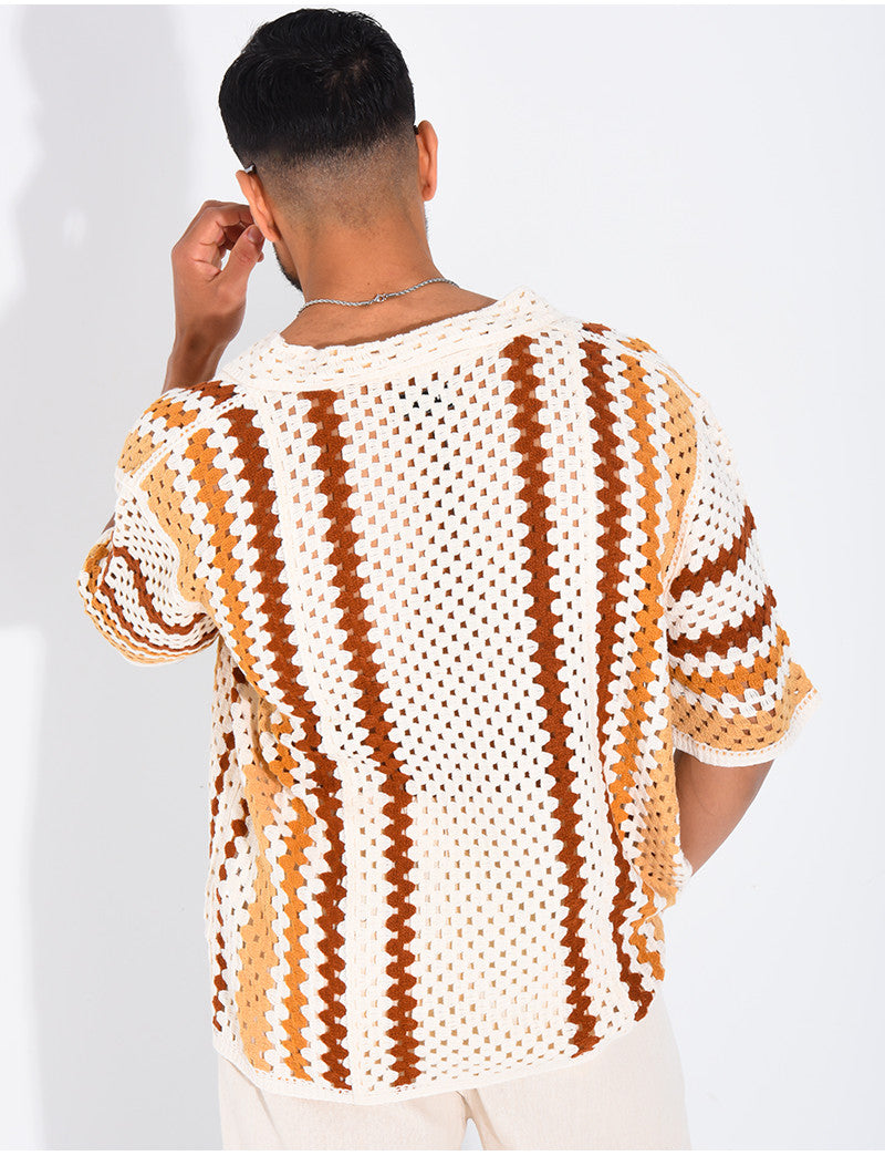 Chemise ajourée manches courtes à motifs