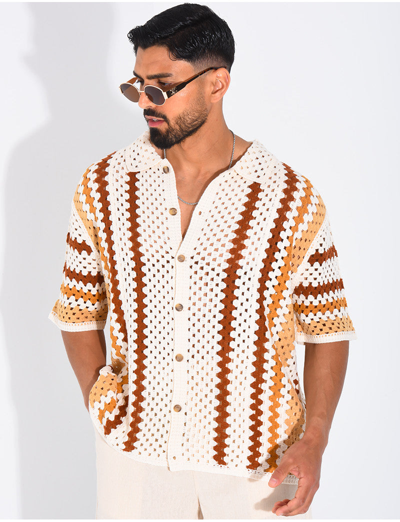 Chemise ajourée manches courtes à motifs