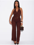 Combinaison pantalon dos nu en lin à ceinture assortie