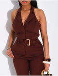 Combinaison pantalon dos nu en lin à ceinture assortie