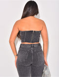 Crop-top bustier en jeans à strass