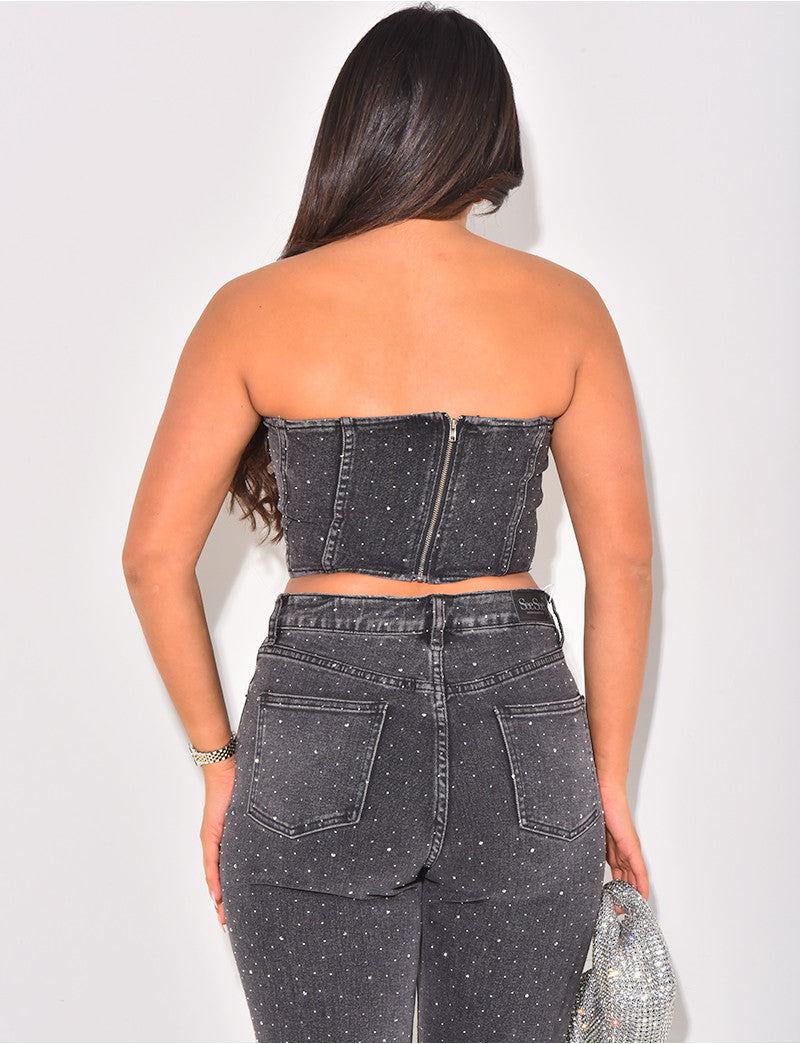 Crop-top bustier en jeans à strass