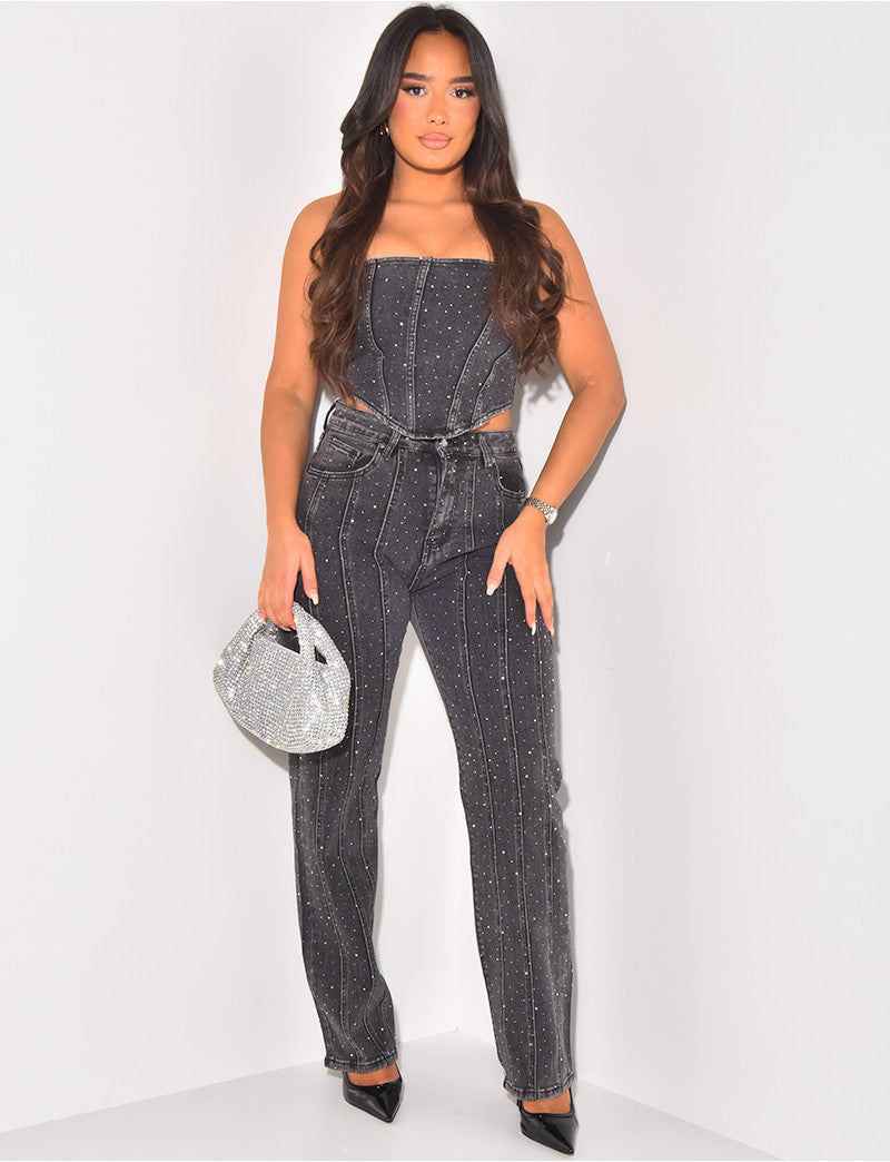 Crop-top bustier en jeans à strass
