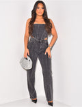 Crop-top bustier en jeans à strass