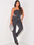 Crop-top bustier en jeans à strass