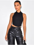 Crop top côtelé sans manche à col rond