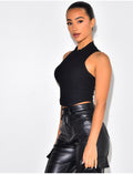 Crop top côtelé sans manche à col rond