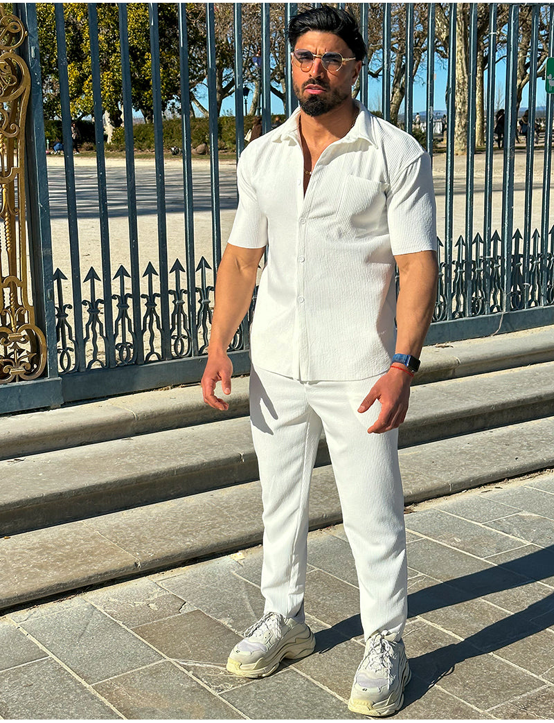 Ensemble pantalon & chemise manches courtes côtelé